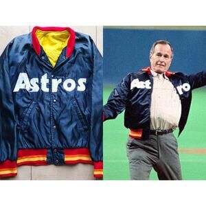 Houston Astros 80s STARTER satin bomber jacket Rainbow M navy Sunrise MLB vtg